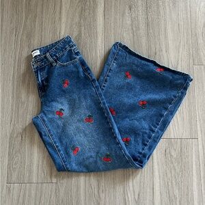 Wide Leg Jeans with Cherry Embroidery
